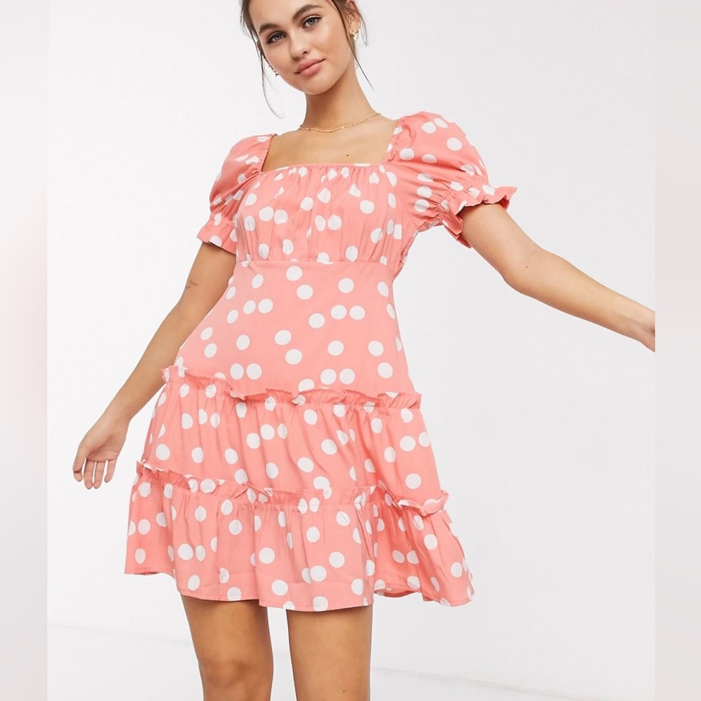 Puff Sleeve Coral Pink Polka Dot Mini Dress (Small)